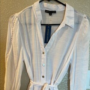 Adrienne Vittadini White Button-Up Dress with Belt and Detailed Sleeves